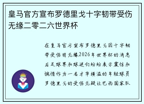 皇马官方宣布罗德里戈十字韧带受伤无缘二零二六世界杯